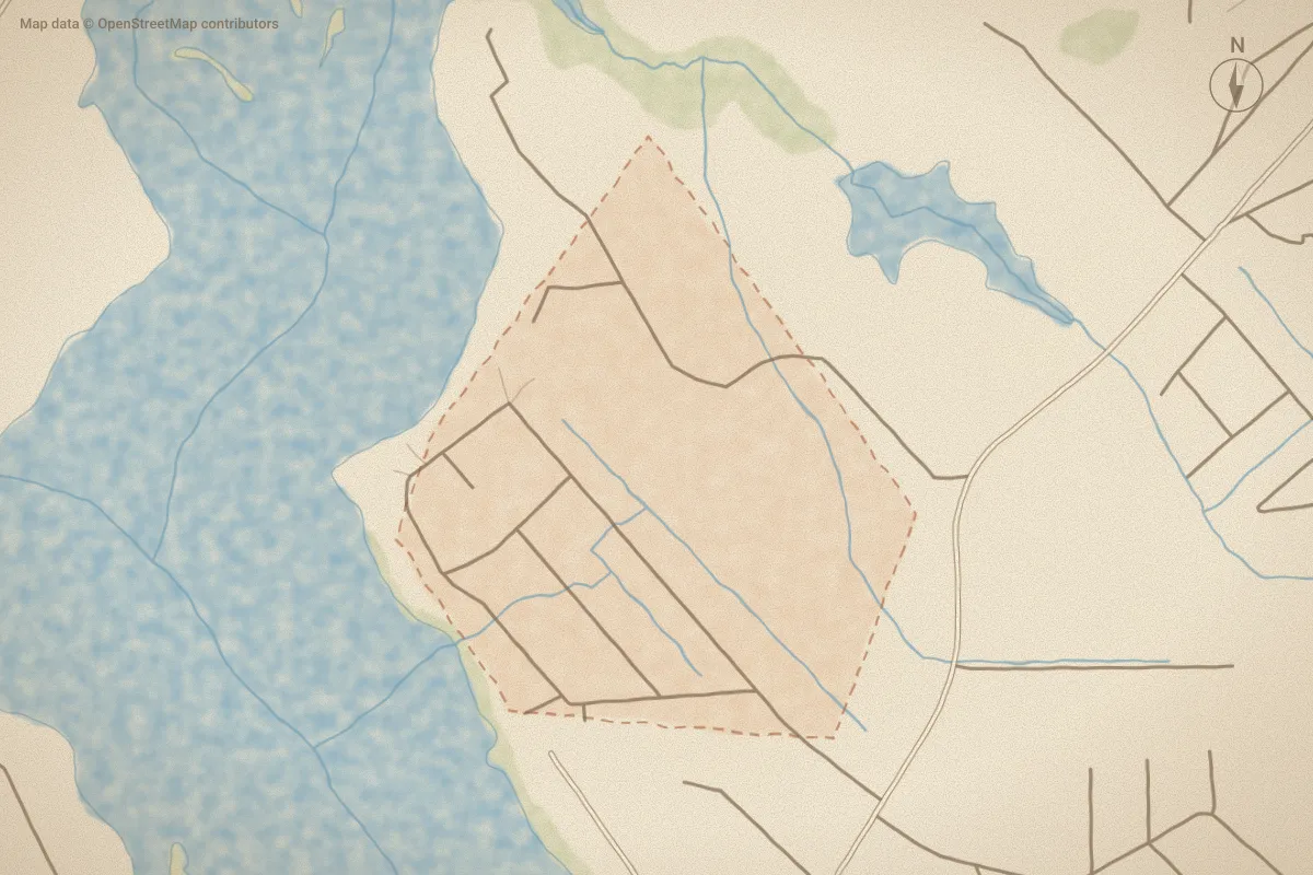 Watercolor map of Riverview SHAL in Shallotte, NC, showing its streets, water and surroundings