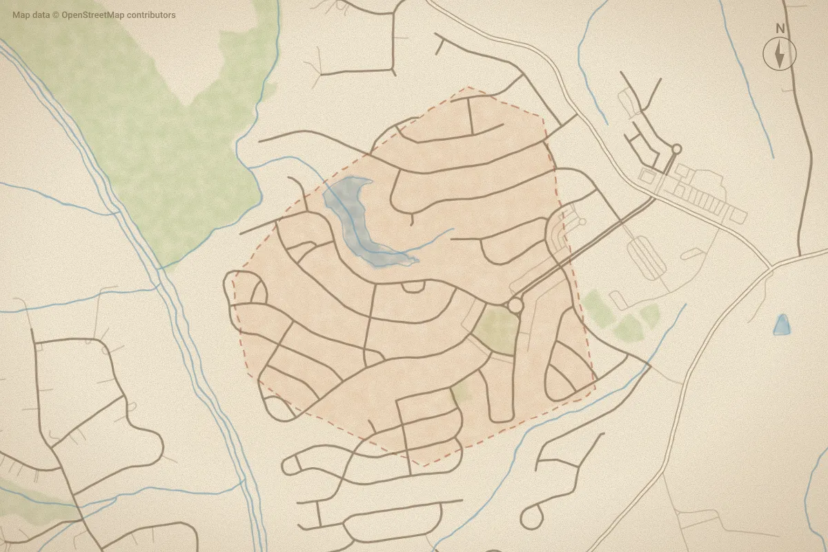 Watercolor map of Riverwood Athletic Club in Clayton, NC, showing its streets, water and surroundings