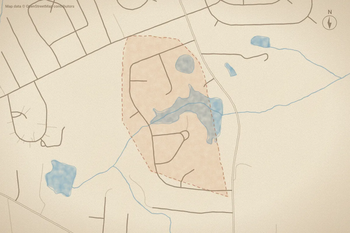 Watercolor map of Robin Lake in Dudley, NC, showing its streets, water and surroundings