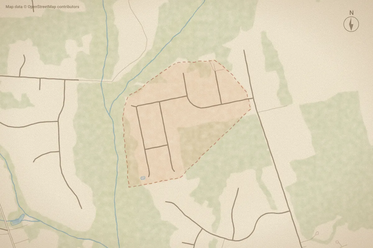 Watercolor map of Rogers Farm in Hubert, NC, showing its streets, water and surroundings