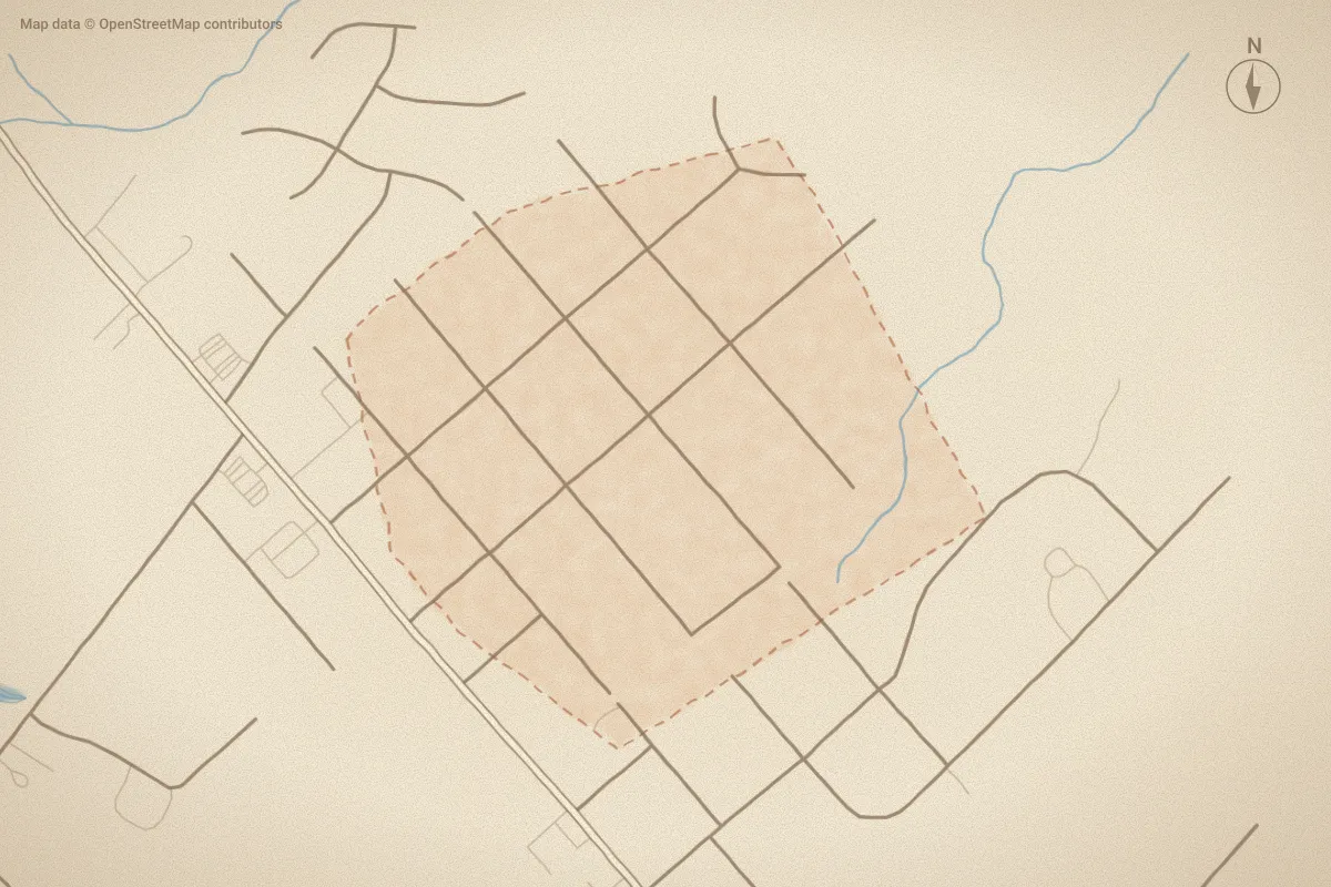 Watercolor map of Rosedale in Washington, NC, showing its streets, water and surroundings