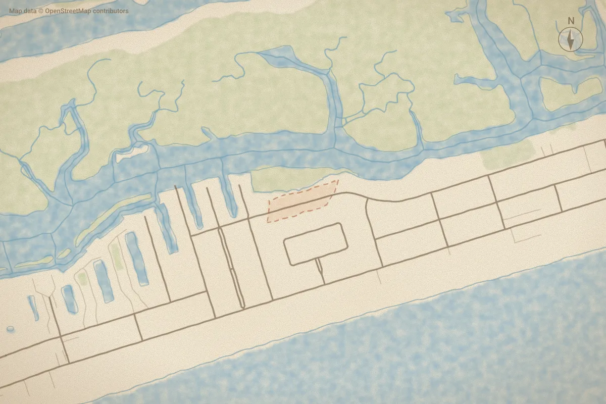 Watercolor map of Ross in Ocean Isle Beach, NC, showing its streets, water and surroundings