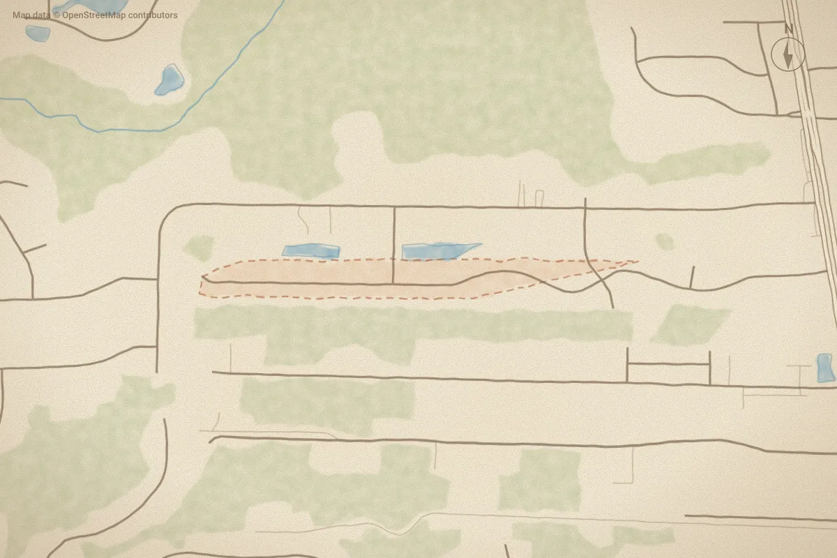 Watercolor map of Roundtree Ridge in Wilmington, NC, showing its streets, water and surroundings
