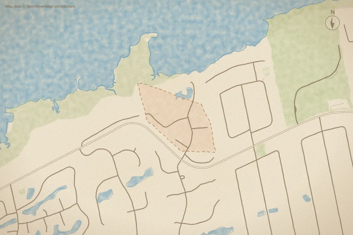 Watercolor map of Royall Oaks in Emerald Isle, NC, showing its streets, water and surroundings