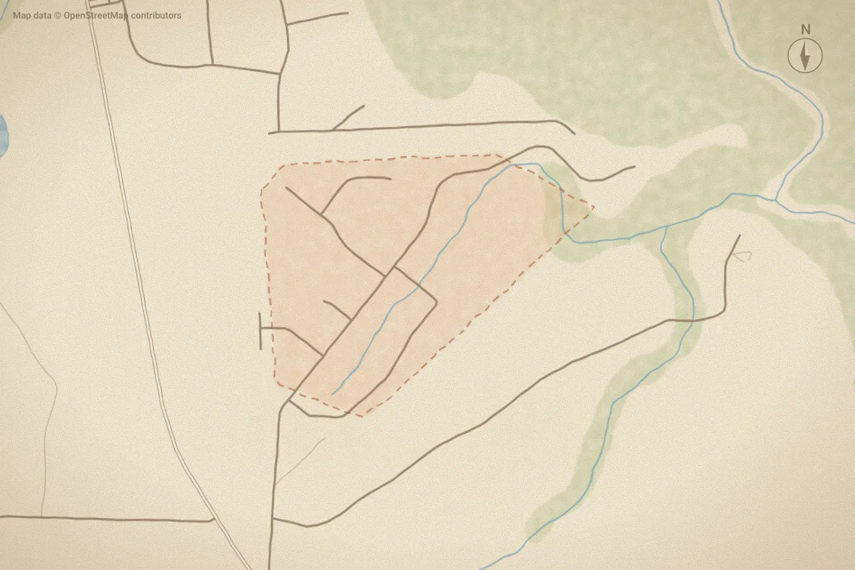 Watercolor map of Ruffin's River Lndg in Supply, NC, showing its streets, water and surroundings