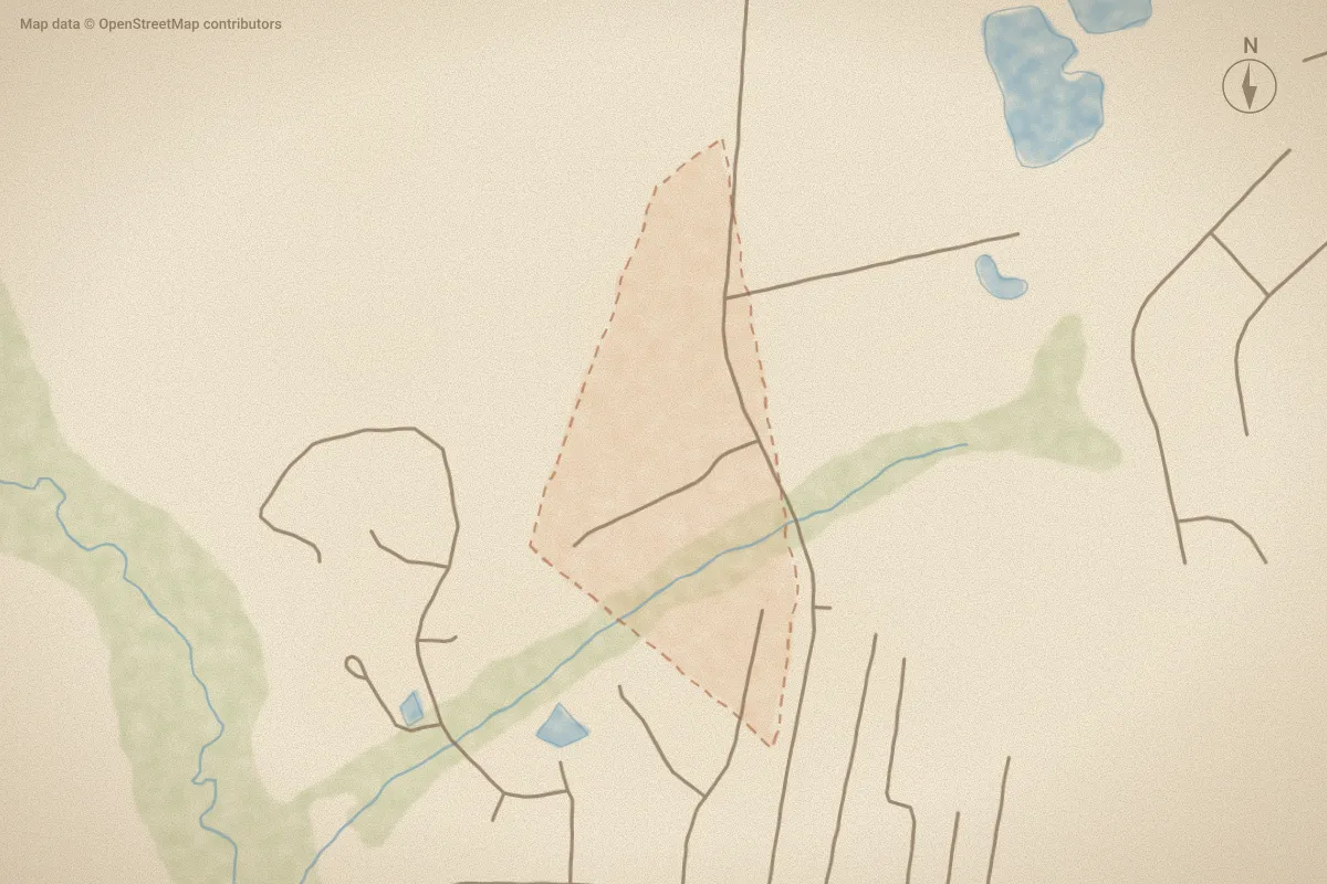 Watercolor map of Russell Farm in Hubert, NC, showing its streets, water and surroundings