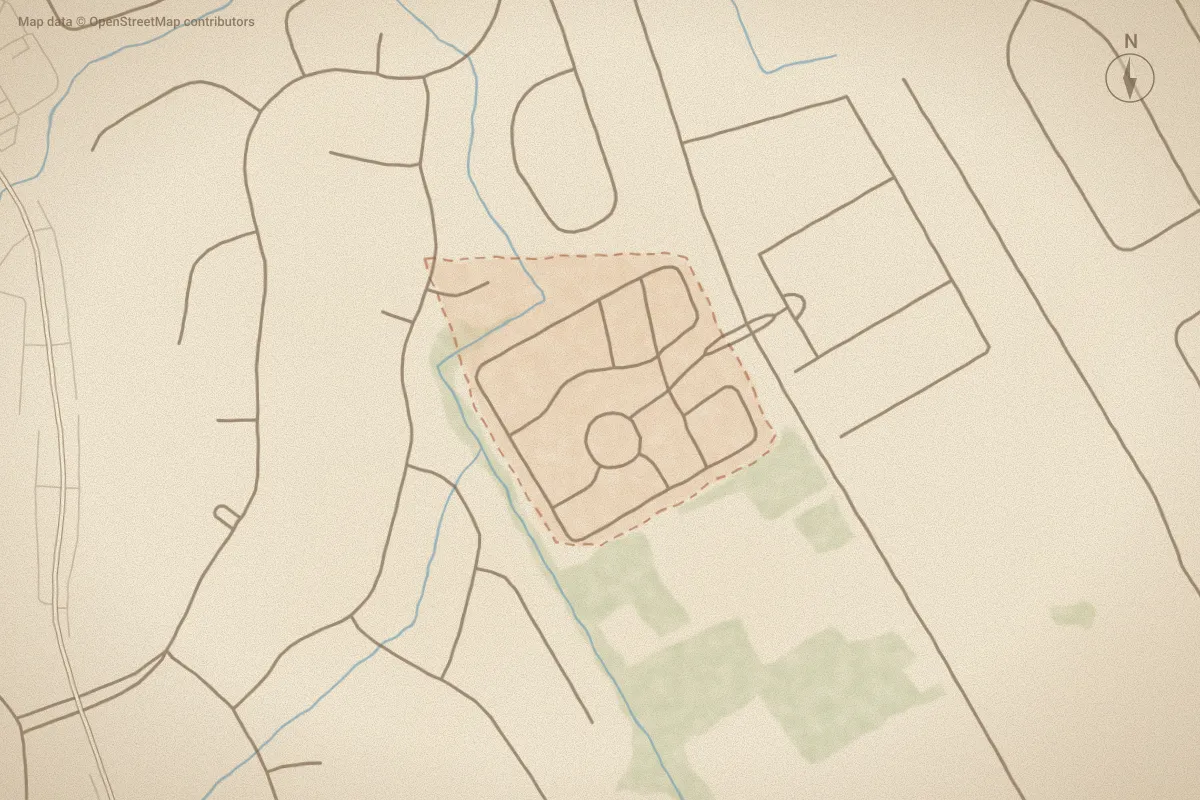 Watercolor map of Saltaire Village in Calabash, NC, showing its streets, water and surroundings