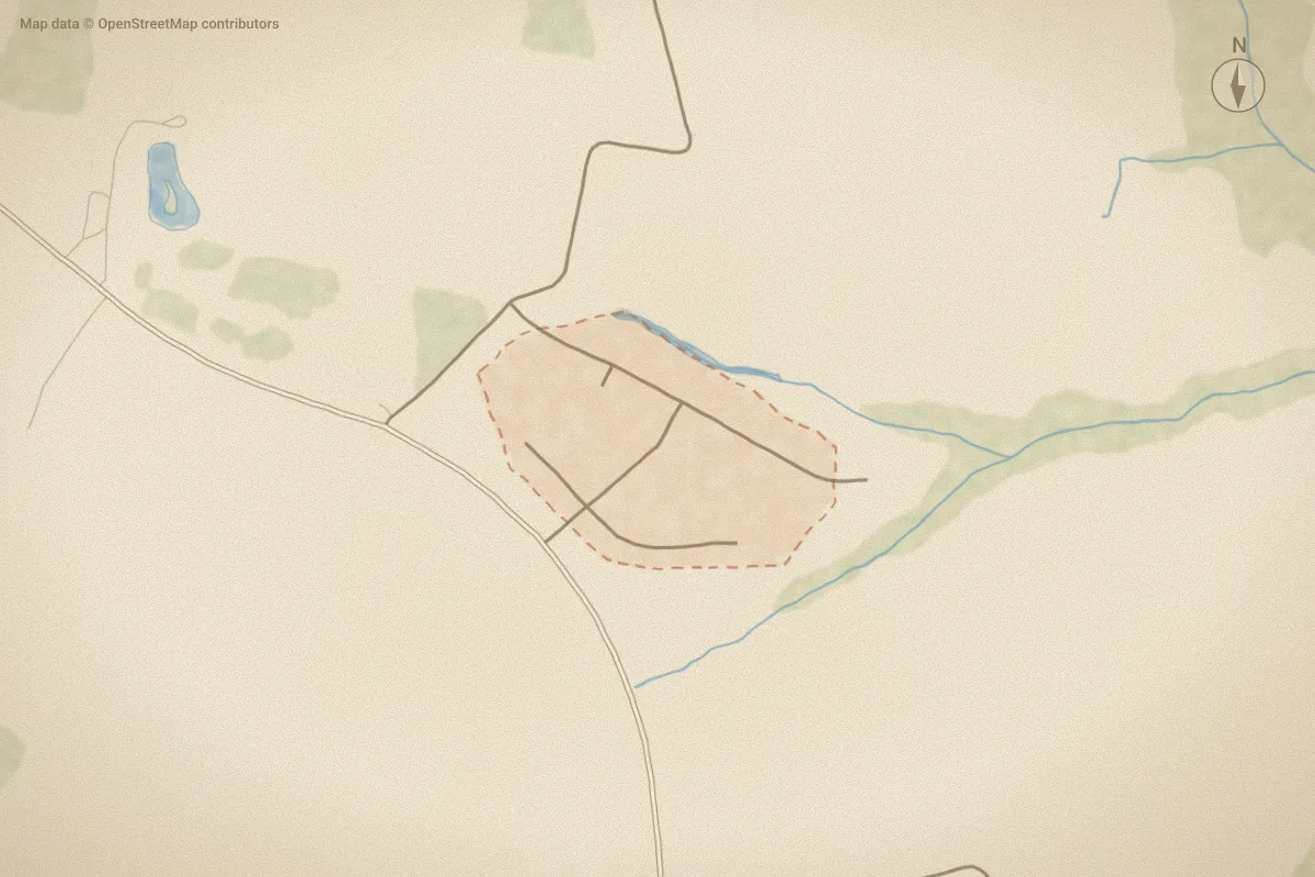 Watercolor map of Sandbridge in Elizabeth City, NC, showing its streets, water and surroundings