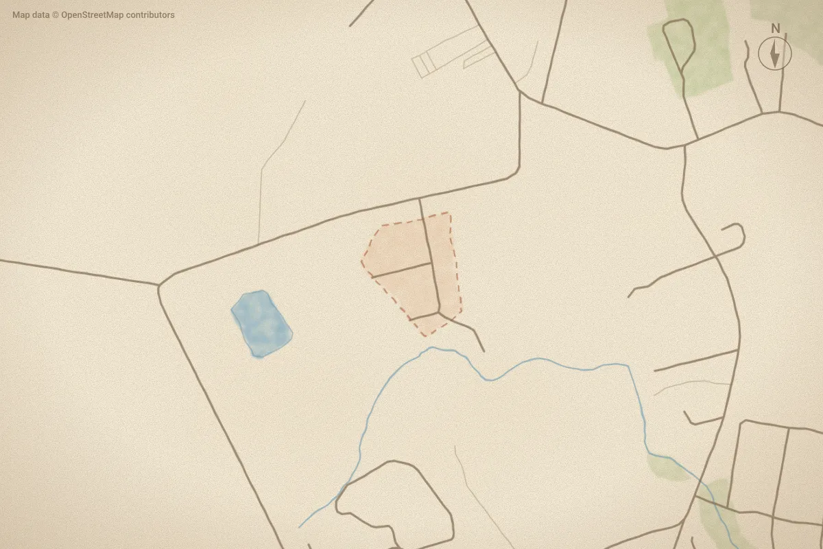 Watercolor map of Sandhill in Sneads Ferry, NC, showing its streets, water and surroundings