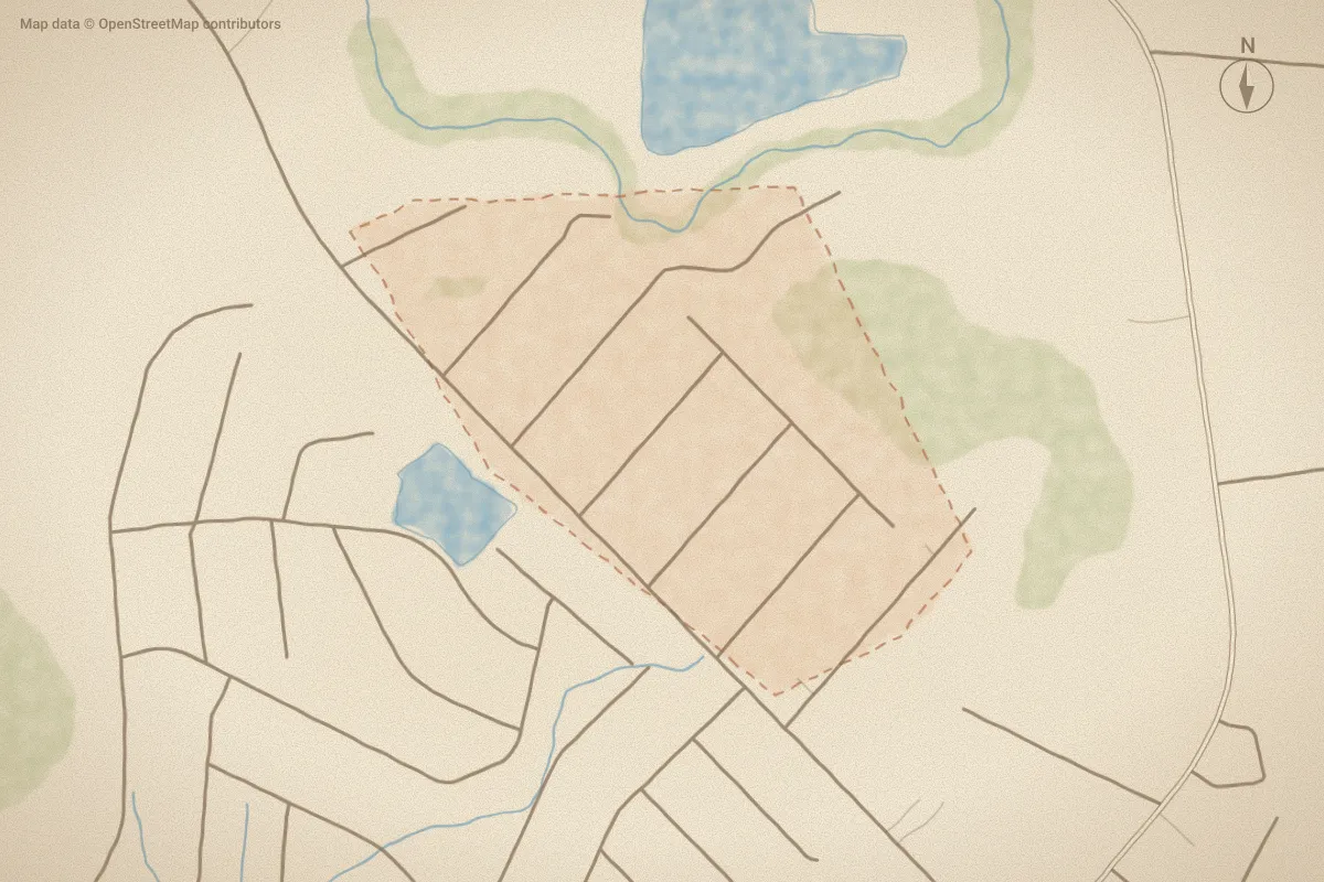 Watercolor map of Sandy Bluff in Supply, NC, showing its streets, water and surroundings