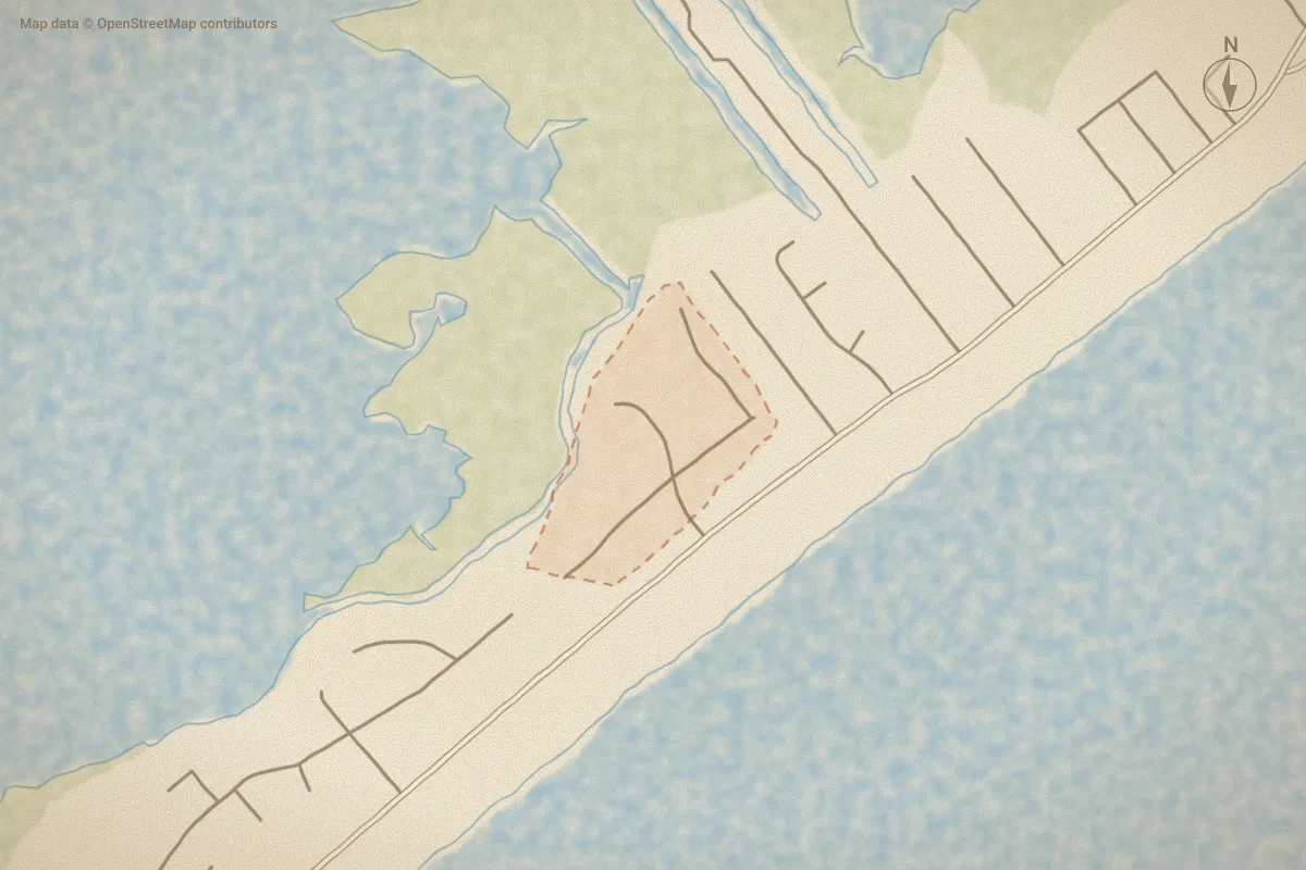 Watercolor map of Sandy Ridge in Surf City, NC, showing its streets, water and surroundings