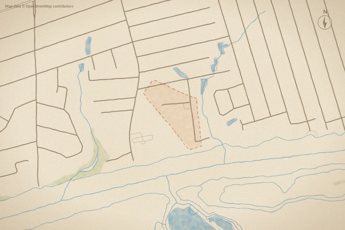 Watercolor map of Schooners Point in Ocean Isle Beach, NC, showing its streets, water and surroundings