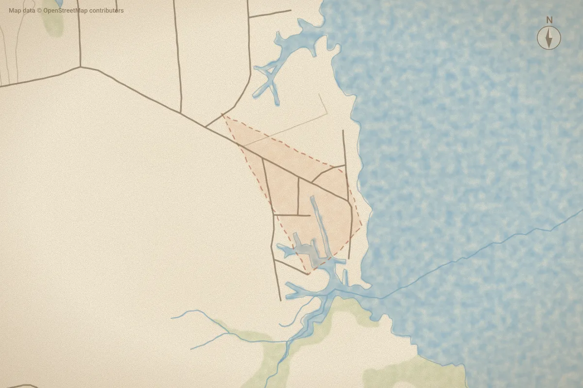 Watercolor map of Schrams Beach in Belhaven, NC, showing its streets, water and surroundings