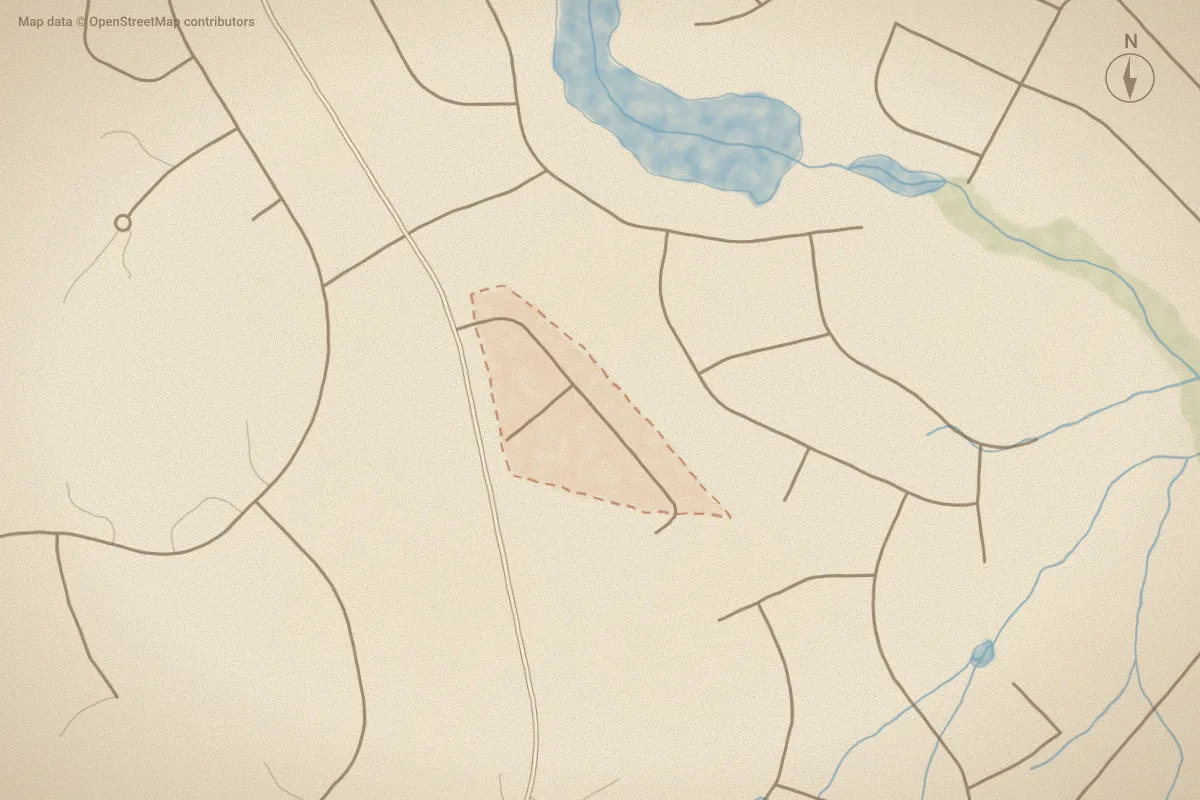 Watercolor map of Scot's Glen in Southern Pines, NC, showing its streets, water and surroundings