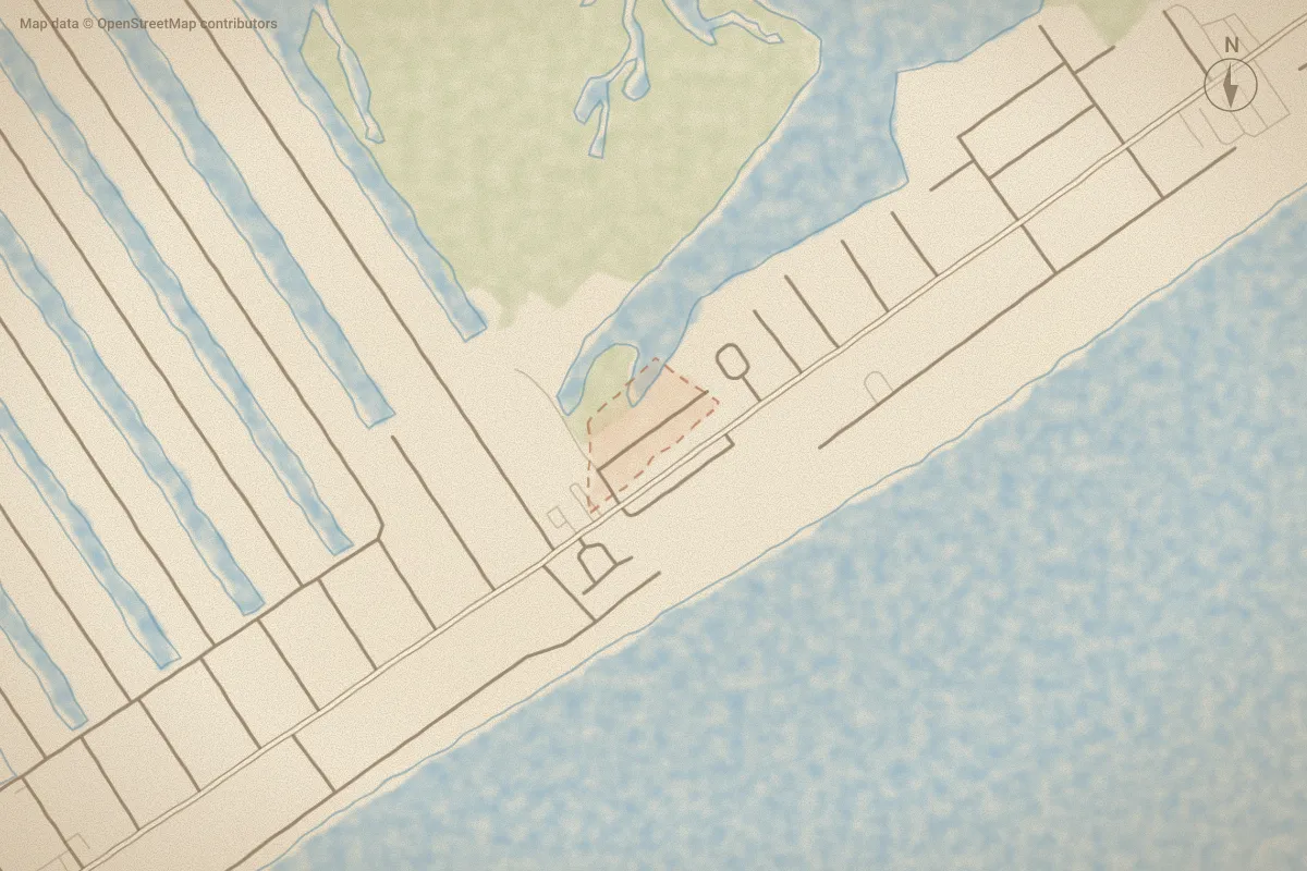 Watercolor map of Scotch Bonnet Soundside in North Topsail Beach, NC, showing its streets, water and surroundings
