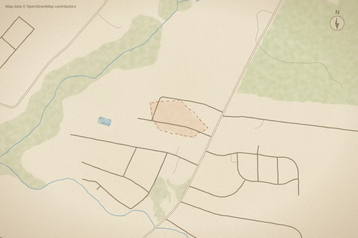 Watercolor map of Scotsdale in Aberdeen, NC, showing its streets, water and surroundings