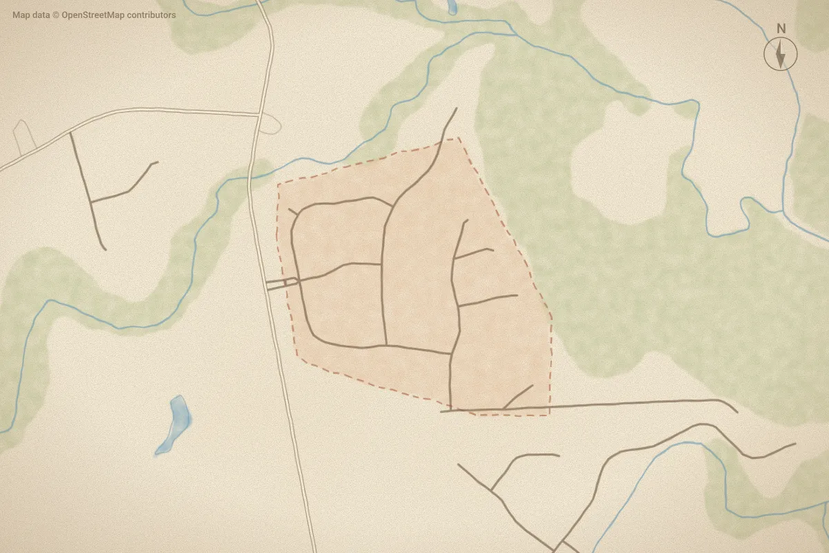 Watercolor map of Seaside Bay in Supply, NC, showing its streets, water and surroundings