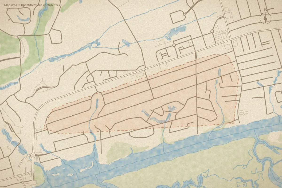 Watercolor map of Seaside Station in Sunset Beach, NC, showing its streets, water and surroundings