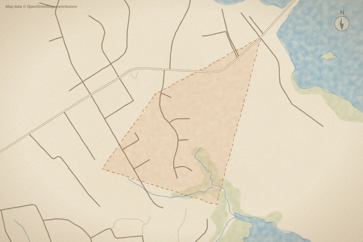 Watercolor map of Shadow Creek Estates in Hubert, NC, showing its streets, water and surroundings