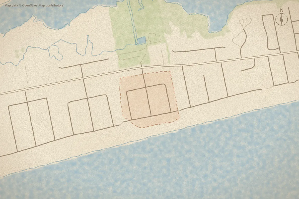 Watercolor map of Shell Cove in Emerald Isle, NC, showing its streets, water and surroundings