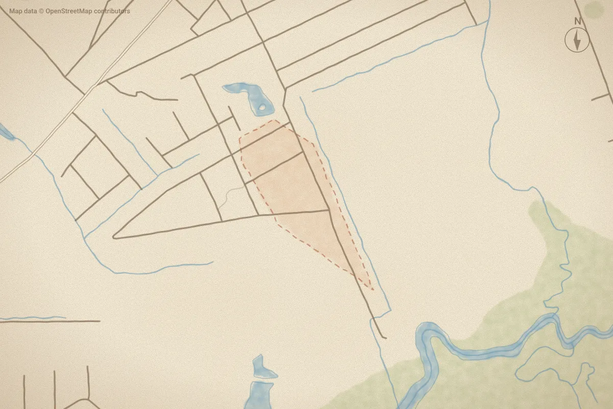 Watercolor map of Shell Point Acres II in Shallotte, NC, showing its streets, water and surroundings