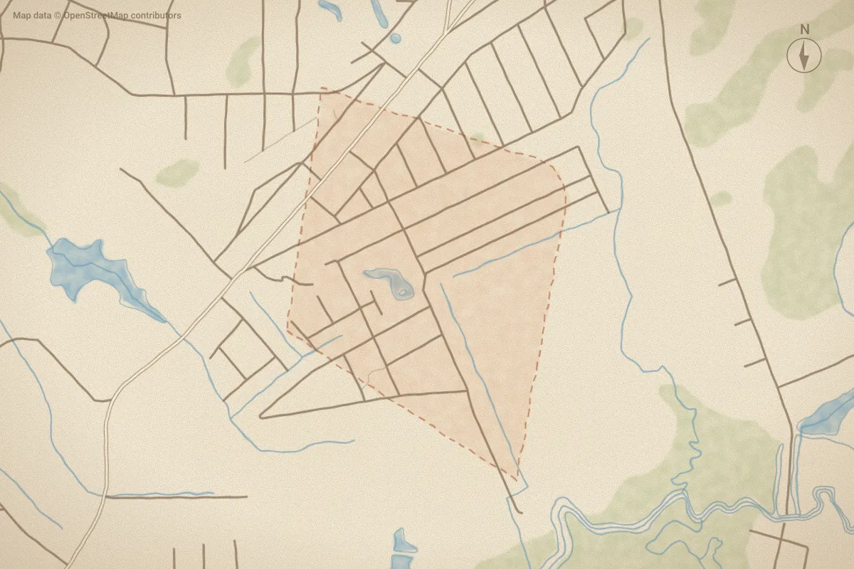 Watercolor map of Shell Point Acres in Shallotte, NC, showing its streets, water and surroundings