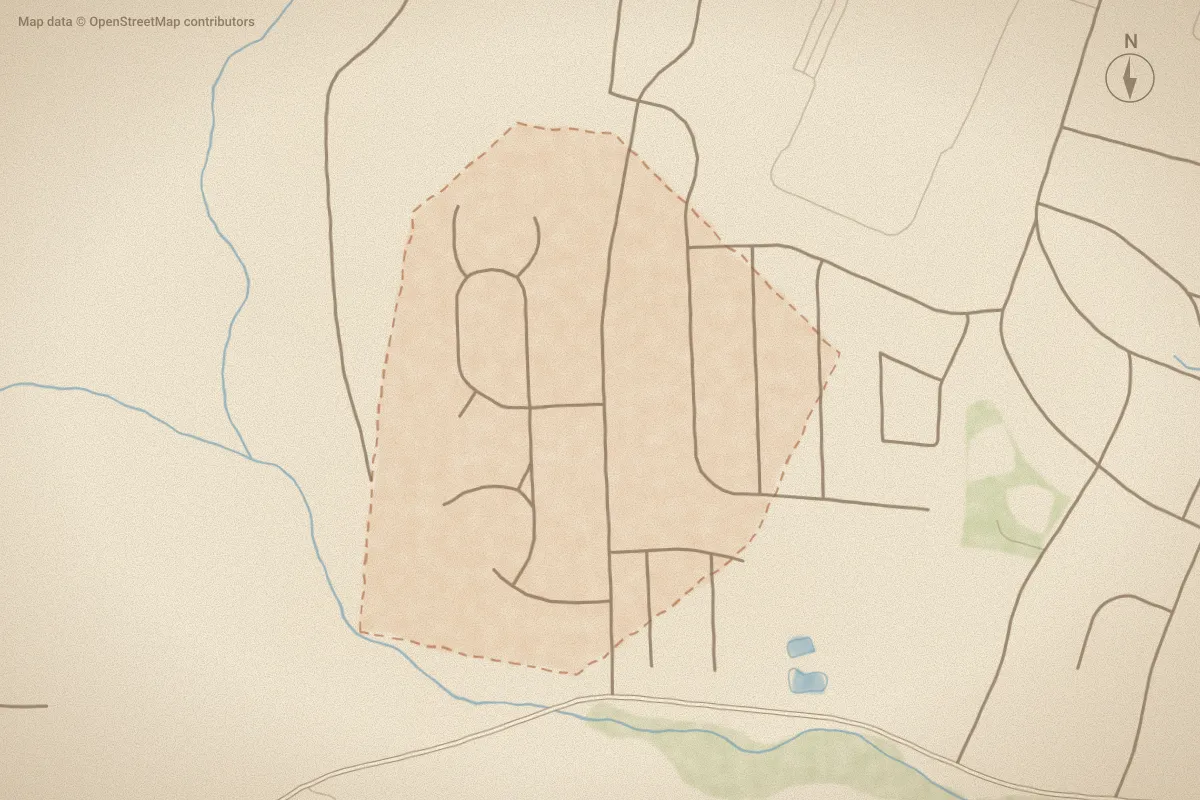 Watercolor map of Shepherd Trail in Aberdeen, NC, showing its streets, water and surroundings
