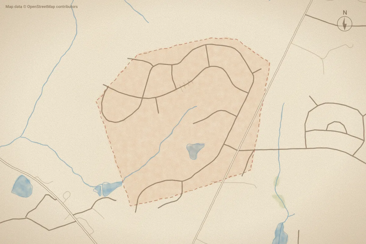 Watercolor map of Sinclair in Cameron, NC, showing its streets, water and surroundings