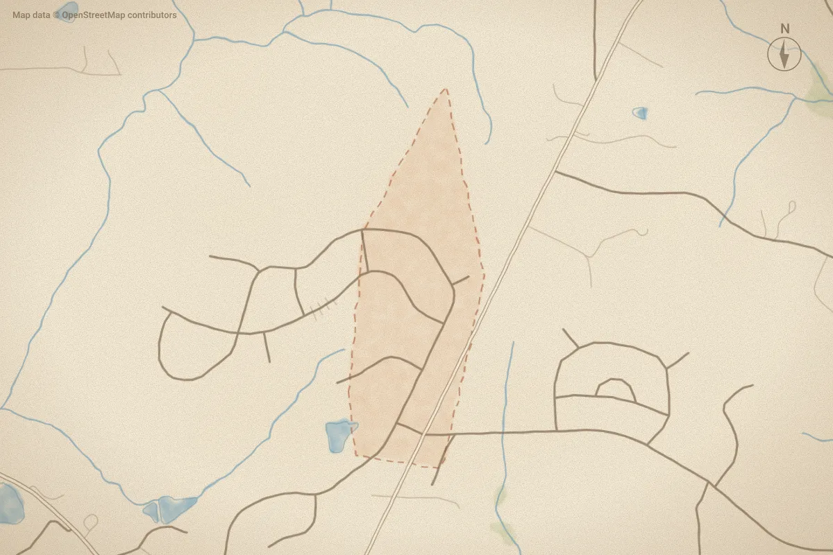 Watercolor map of Sinclair in Vass, NC, showing its streets, water and surroundings