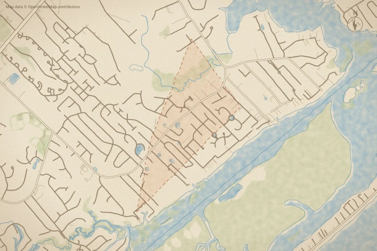 Watercolor map of Sloop Point in Hampstead, NC, showing its streets, water and surroundings