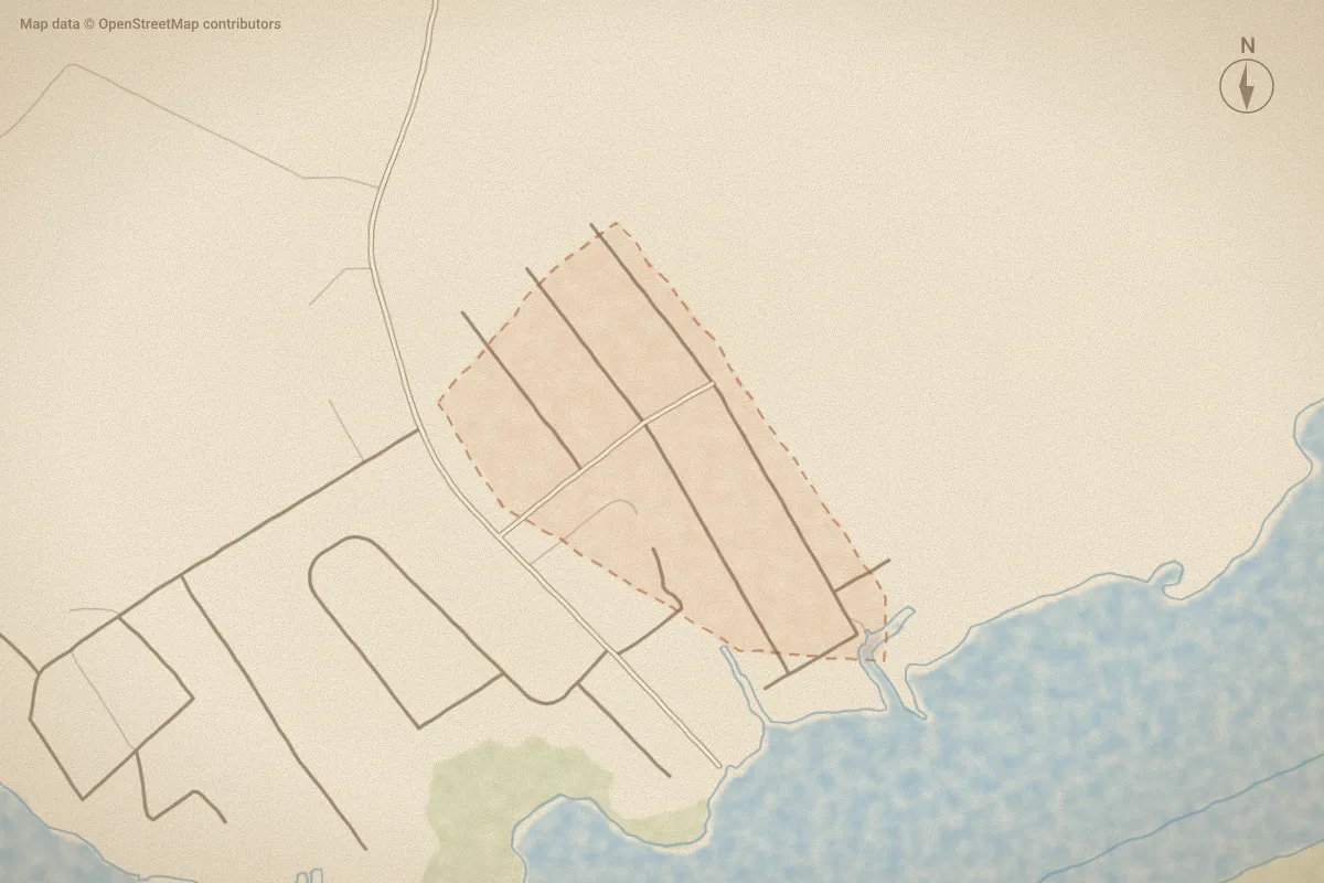 Watercolor map of Snug Harbor in Hampstead, NC, showing its streets, water and surroundings