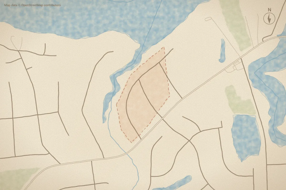 Watercolor map of Snug Harbor in New Bern, NC, showing its streets, water and surroundings