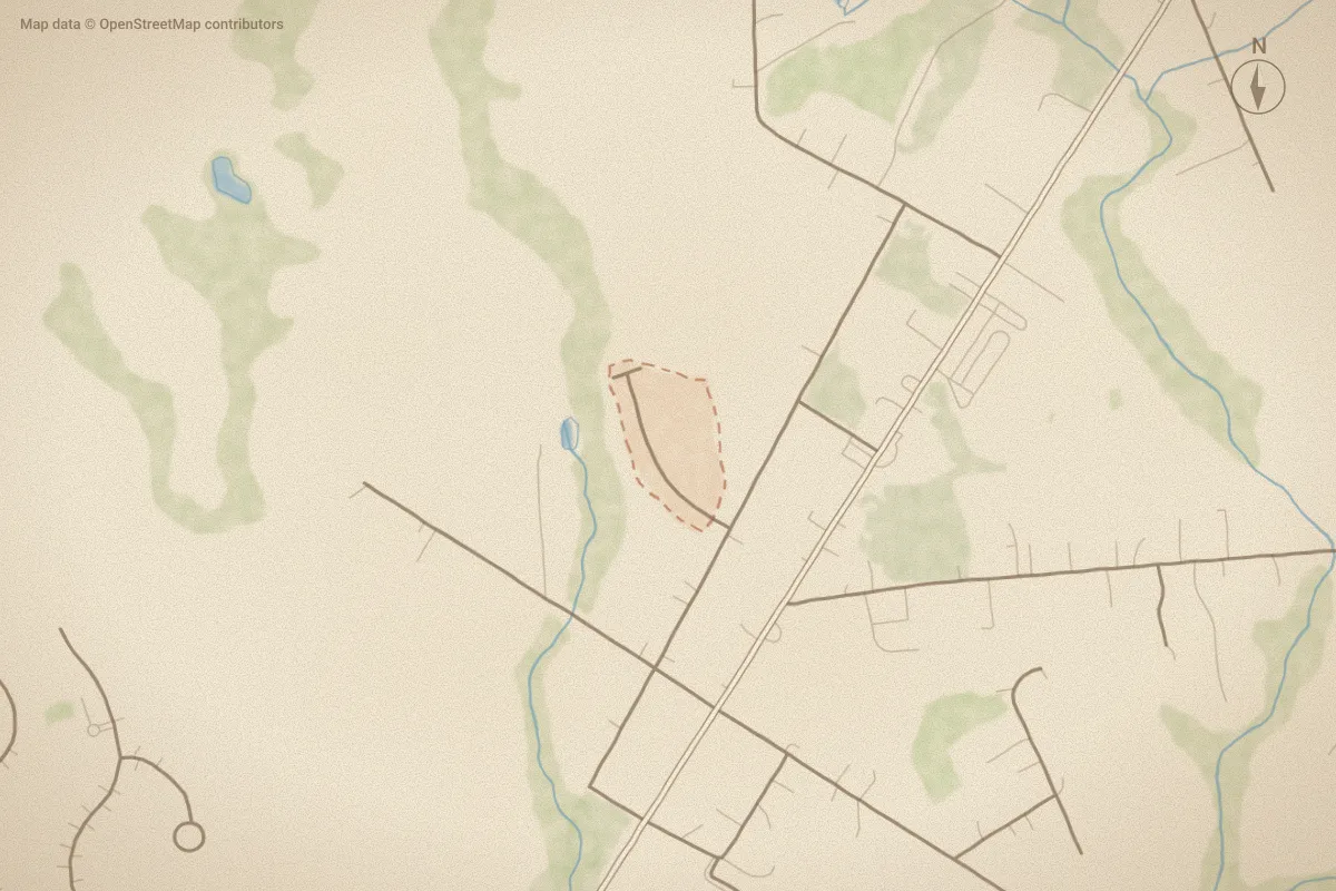 Watercolor map of Somerset in Bolivia, NC, showing its streets, water and surroundings