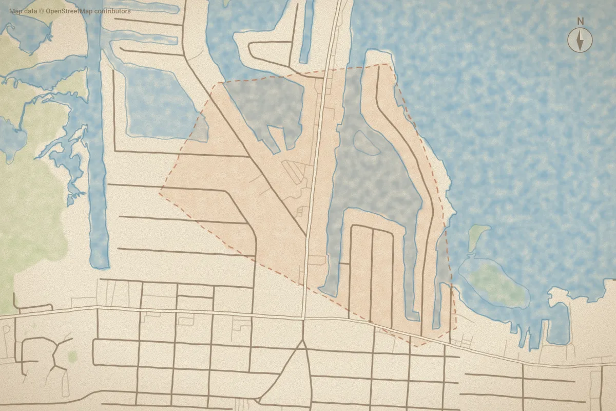 Watercolor map of Sound View Isles in Atlantic Beach, NC, showing its streets, water and surroundings
