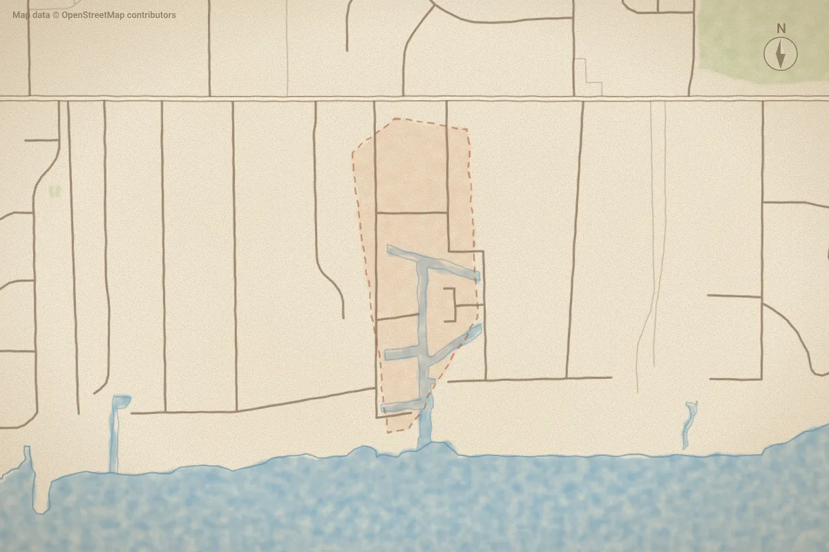 Watercolor map of Sound View Park in Newport, NC, showing its streets, water and surroundings
