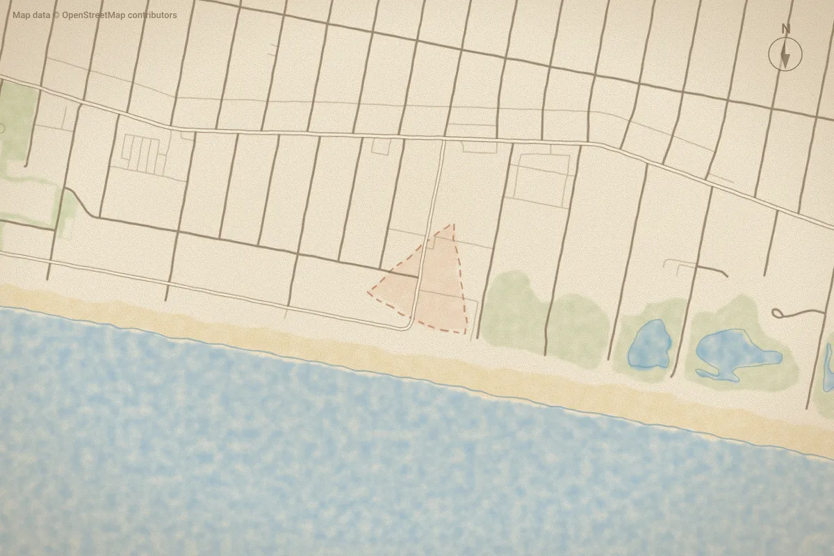 Watercolor map of Southern Shore Villa in Oak Island, NC, showing its streets, water and surroundings