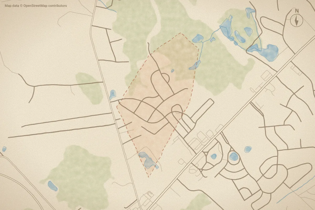 Watercolor map of Sparrows Bend in Hampstead, NC, showing its streets, water and surroundings