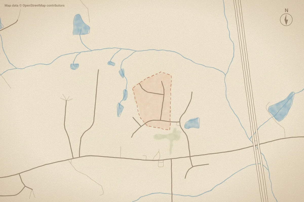 Watercolor map of Spring Branch in Benson, NC, showing its streets, water and surroundings