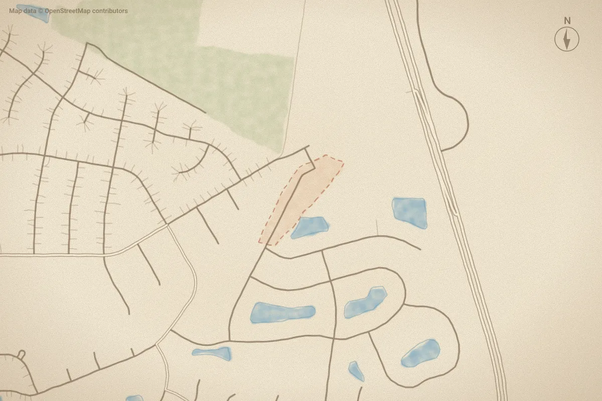 Watercolor map of Springwater Reserve in Wilmington, NC, showing its streets, water and surroundings