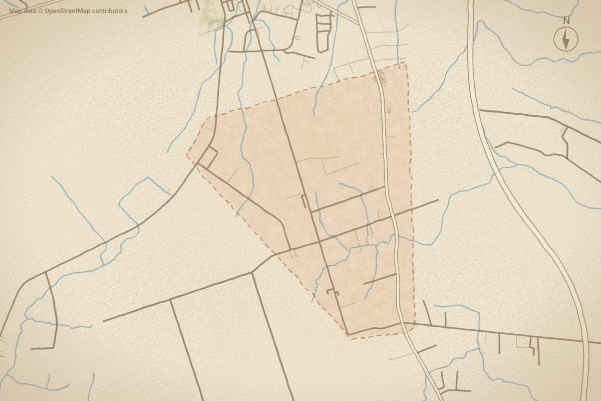 Watercolor map of St Helena in Burgaw, NC, showing its streets, water and surroundings