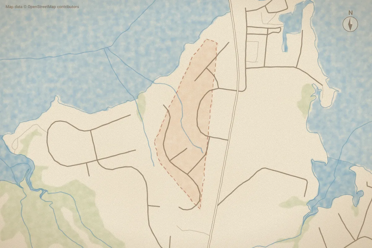 Watercolor map of Stone Bay in Sneads Ferry, NC, showing its streets, water and surroundings