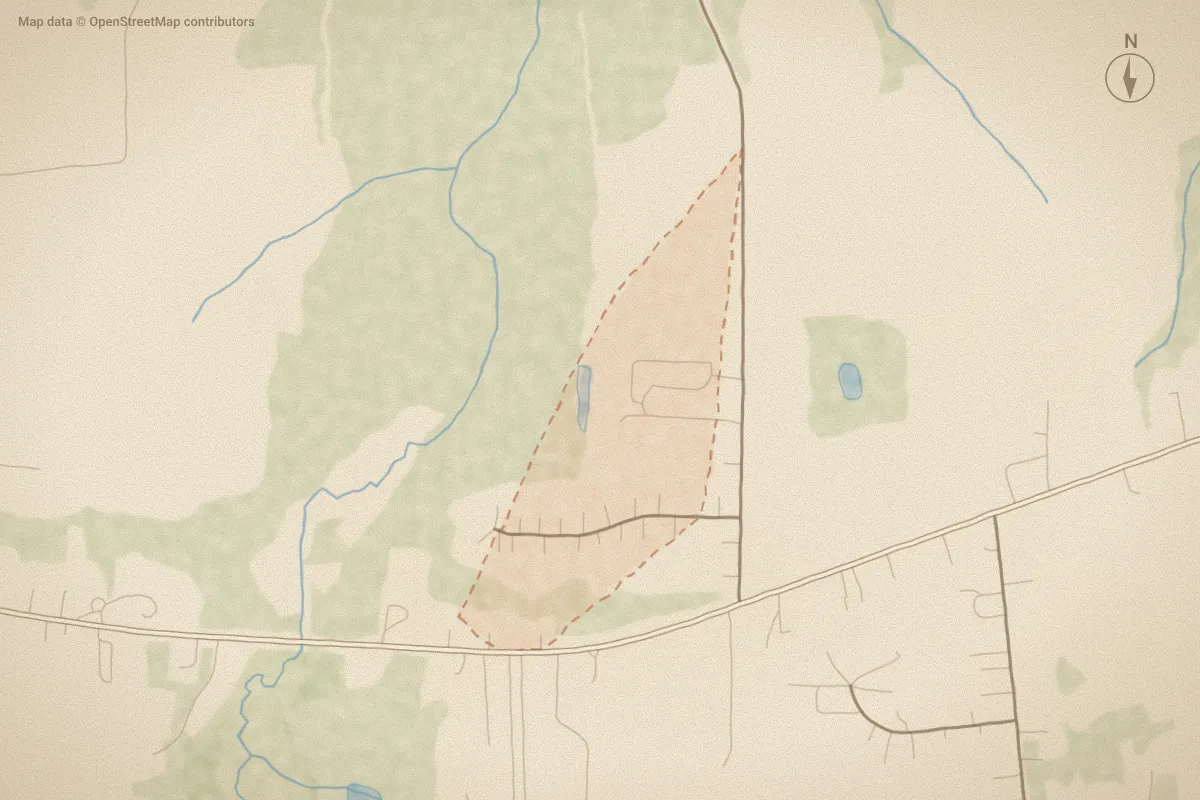 Watercolor map of Stone Gate in Kenly, NC, showing its streets, water and surroundings