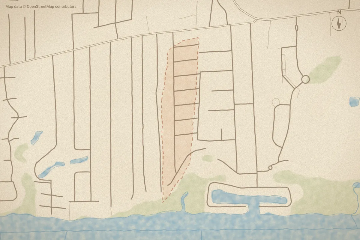 Watercolor map of Styrons Landing in Supply, NC, showing its streets, water and surroundings