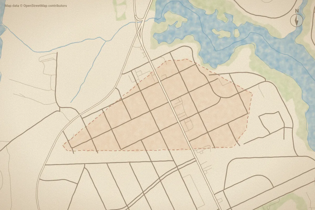 Watercolor map of Summer Hill in Wilmington, NC, showing its streets, water and surroundings