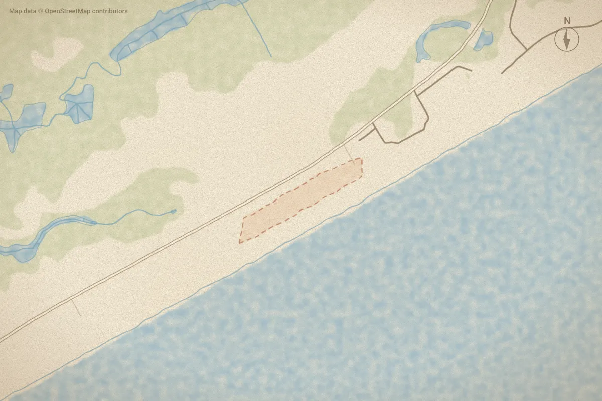 Watercolor map of Summertyme in North Topsail Beach, NC, showing its streets, water and surroundings