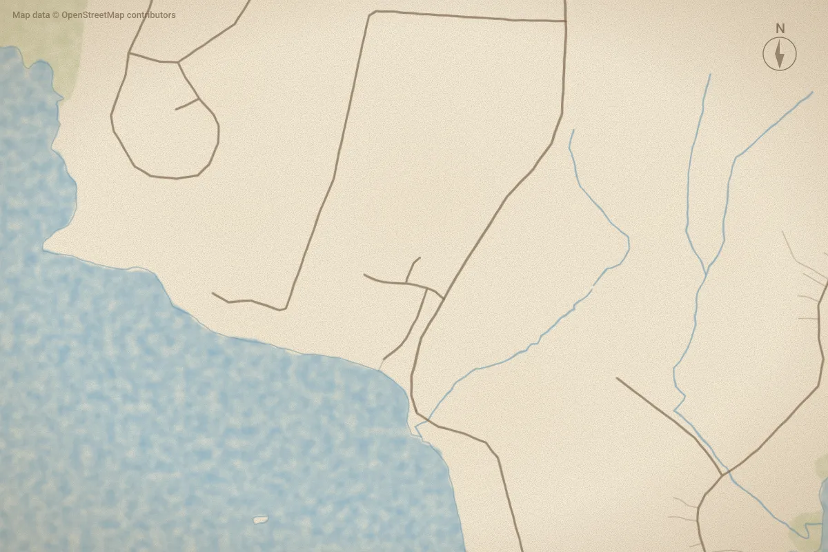 Watercolor map of Sunset Cove in Stella, NC, showing its streets, water and surroundings