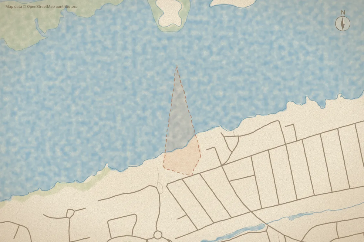 Watercolor map of Sunset Harbor in Emerald Isle, NC, showing its streets, water and surroundings