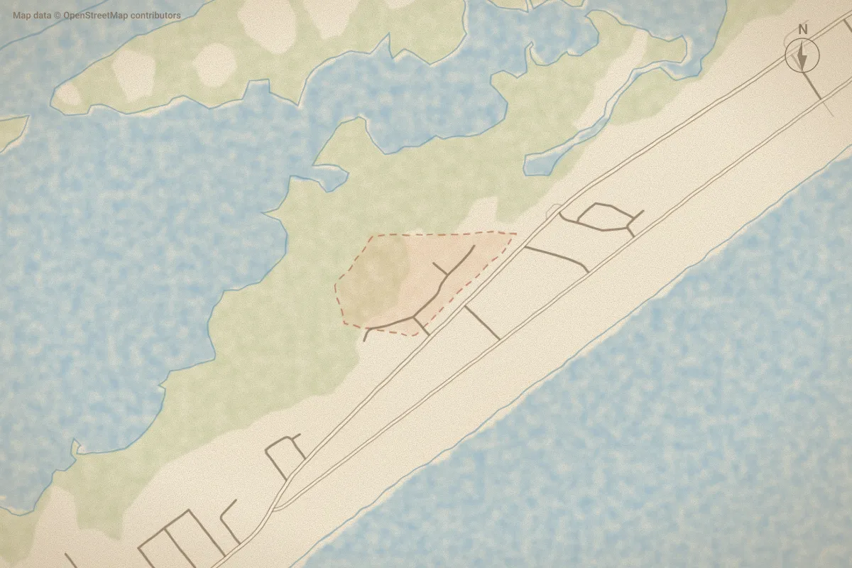 Watercolor map of Sunset Harbor in Surf City, NC, showing its streets, water and surroundings