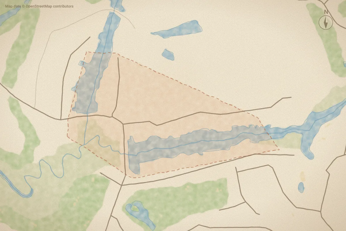 Watercolor map of Sunset Lakes in Sunset Beach, NC, showing its streets, water and surroundings