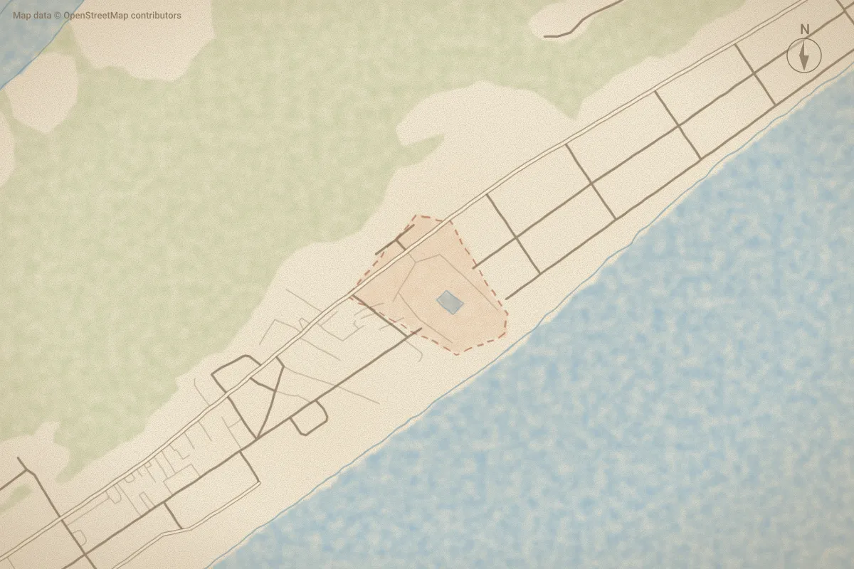 Watercolor map of Surf Condominiums in Surf City, NC, showing its streets, water and surroundings